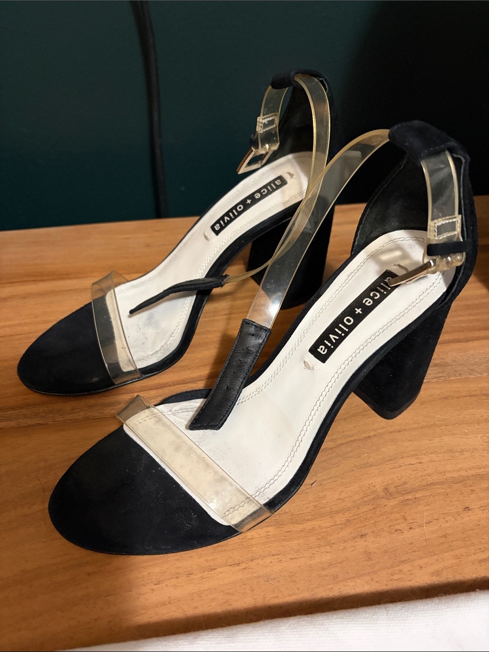Alice + Olivia Black Suede Block Heel Sandals with Clear Straps